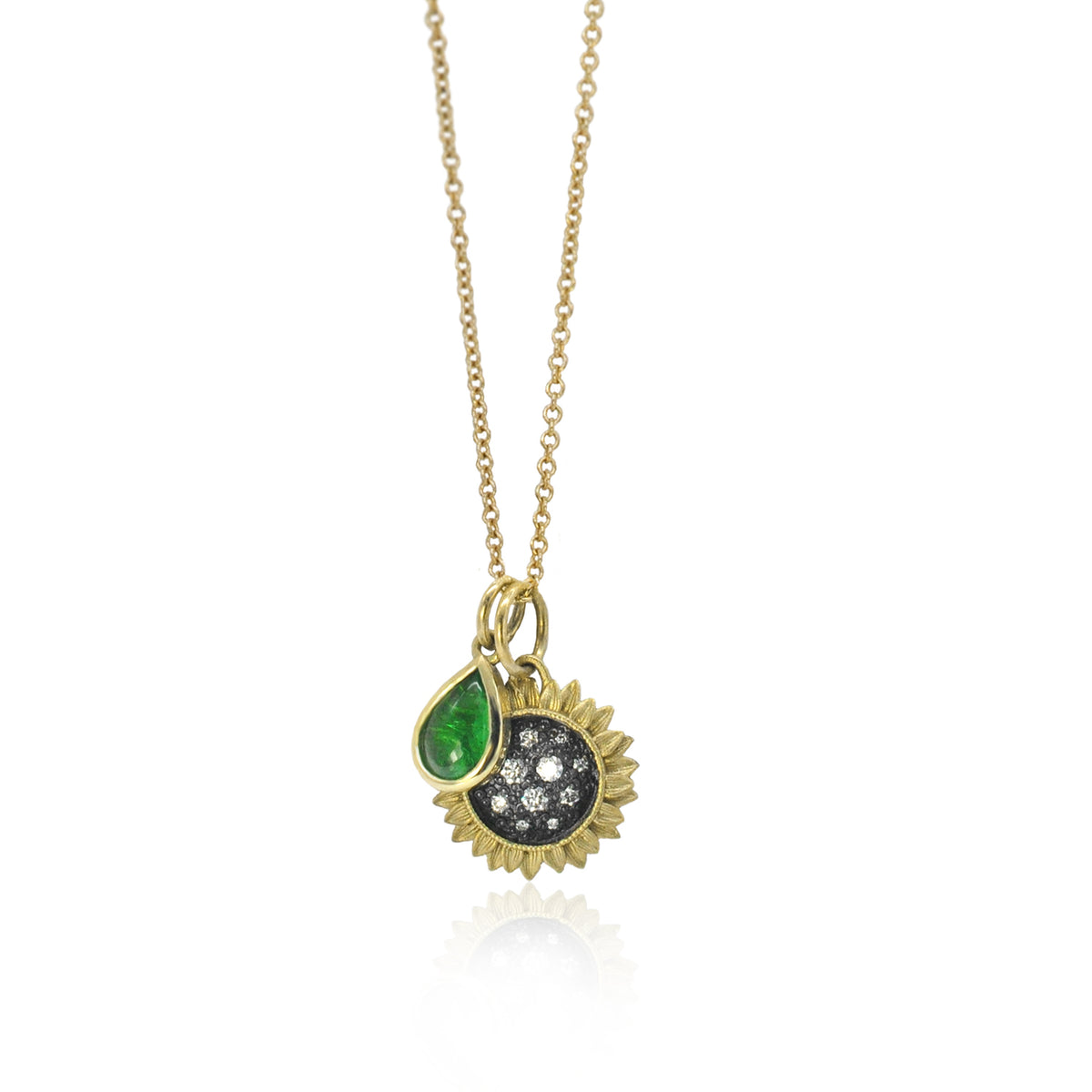 Green Tsavorite Charm on Small Pave Sunflower Necklace | Rebecca Myers Collection