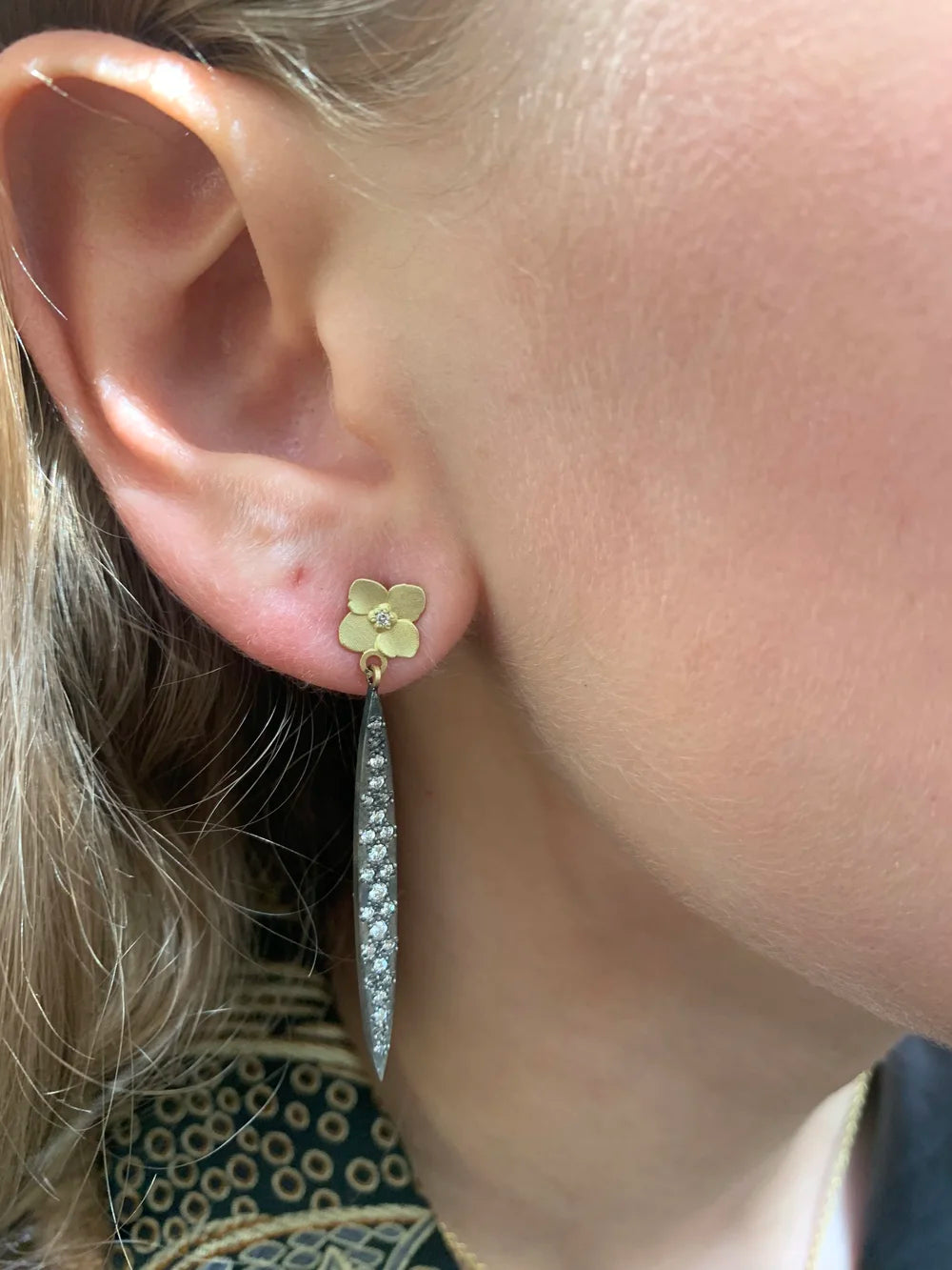 Stiletto Earrings with Gold Hydrangeas | Rebecca Myers Collection