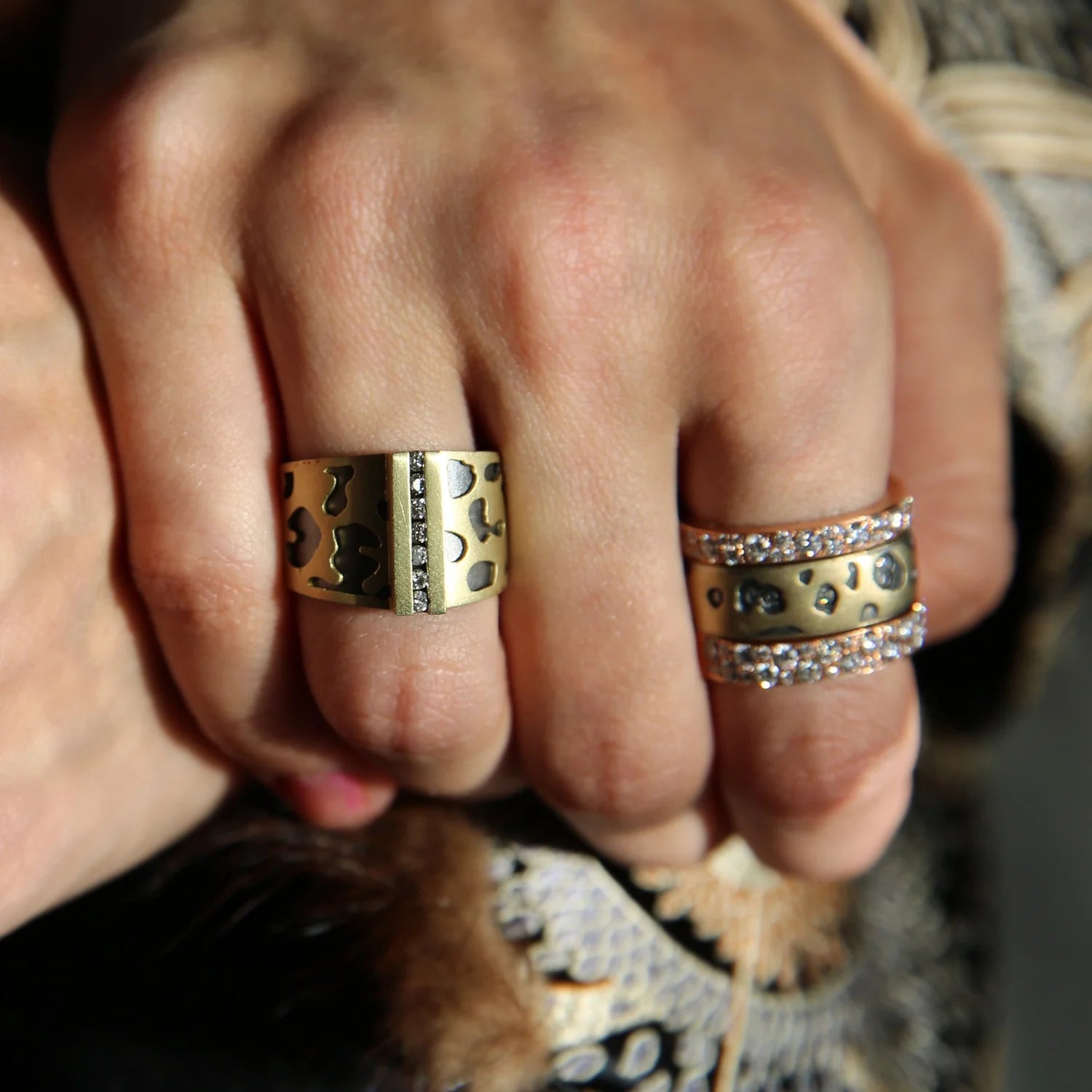 Animal Print Diamond Channel Rings |on white model  Rebecca Myers Collection