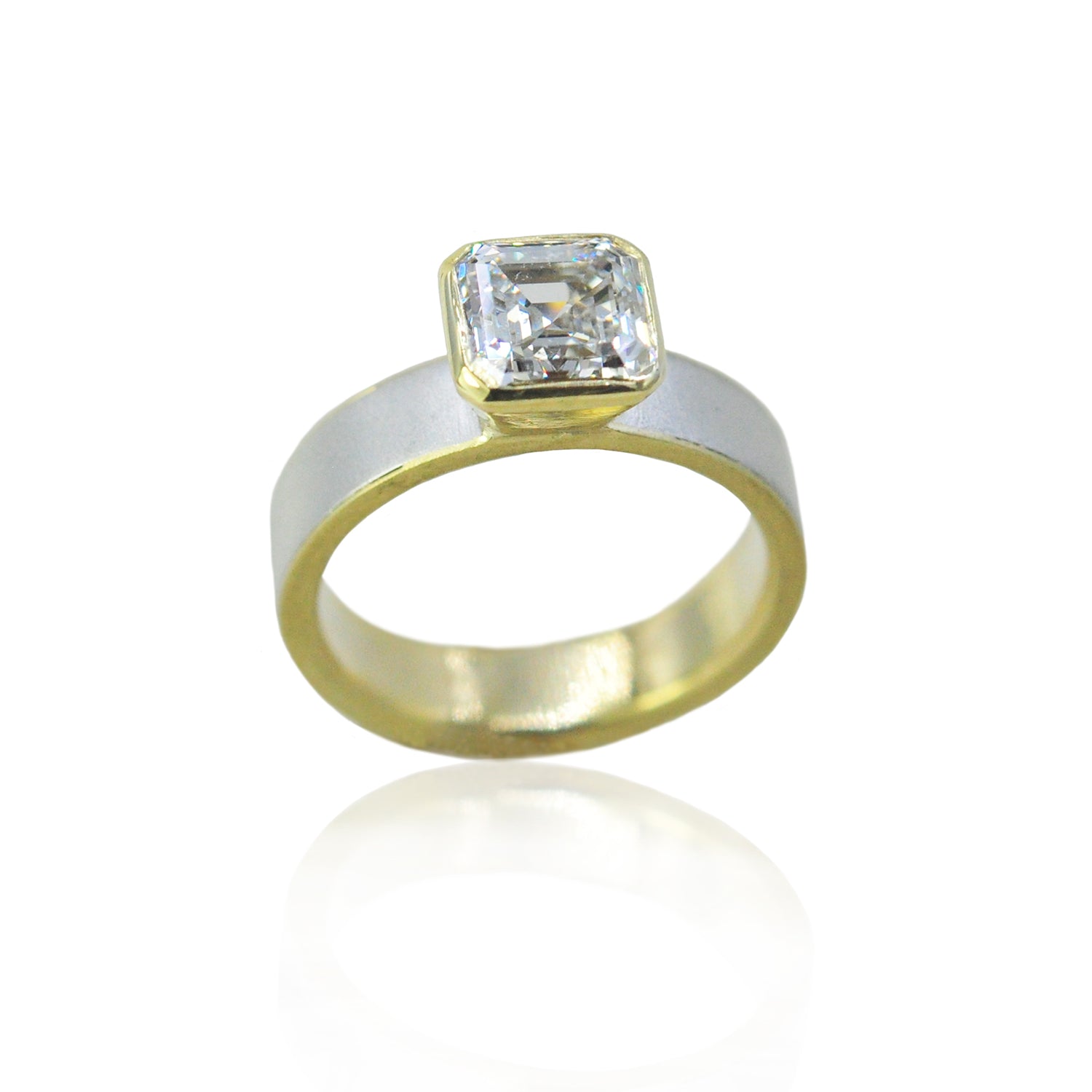 Asscher Cut Diamond on White & Yellow Gold Band | Rebecca Myers Collection