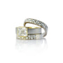 Asscher Cut Diamond on White & Yellow Gold Band wit 4mm Square Diamond Bands | Rebecca Myers Collection