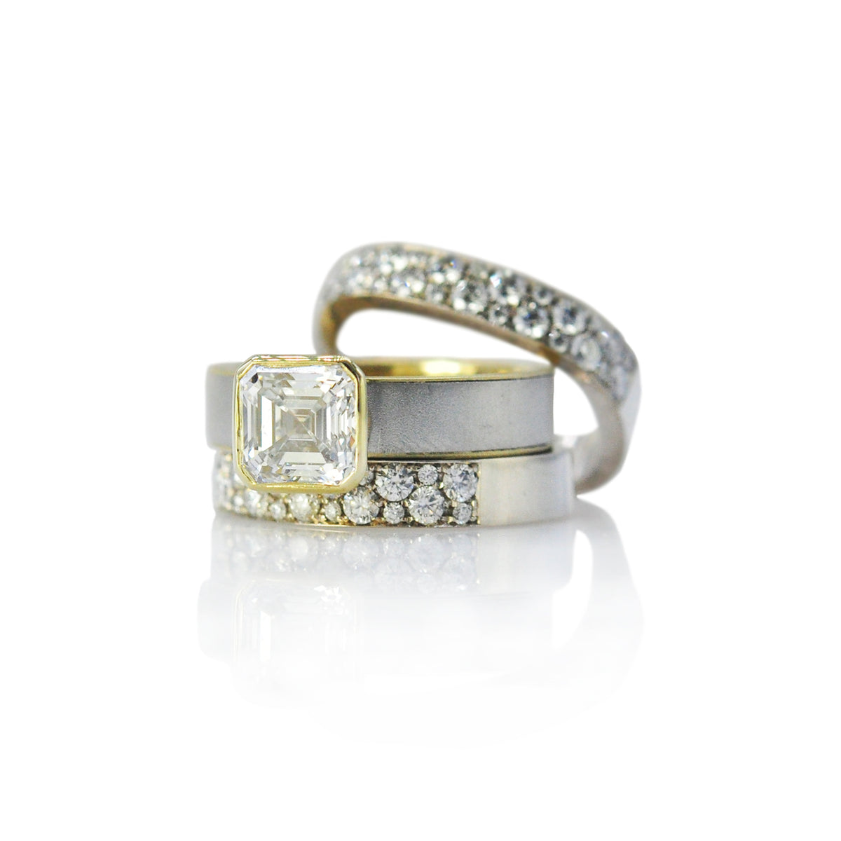 Asscher Cut Diamond on White & Yellow Gold Band wit 4mm Square Diamond Bands | Rebecca Myers Collection
