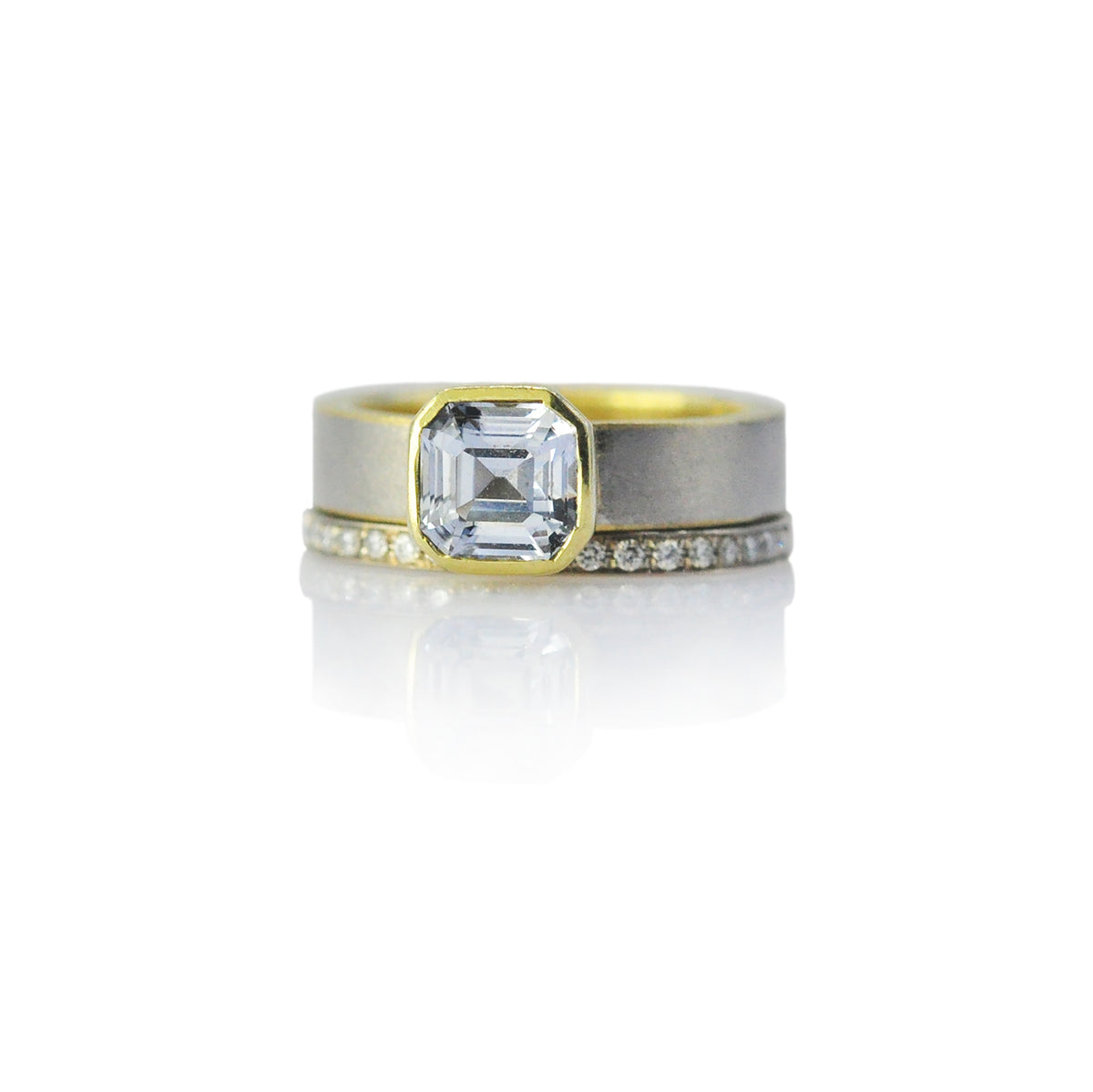 Asscher Cut Silver Sapphire Solitaire & Yellow Gold 2mm Fairy Dust Ring | Rebecca Myers Collection