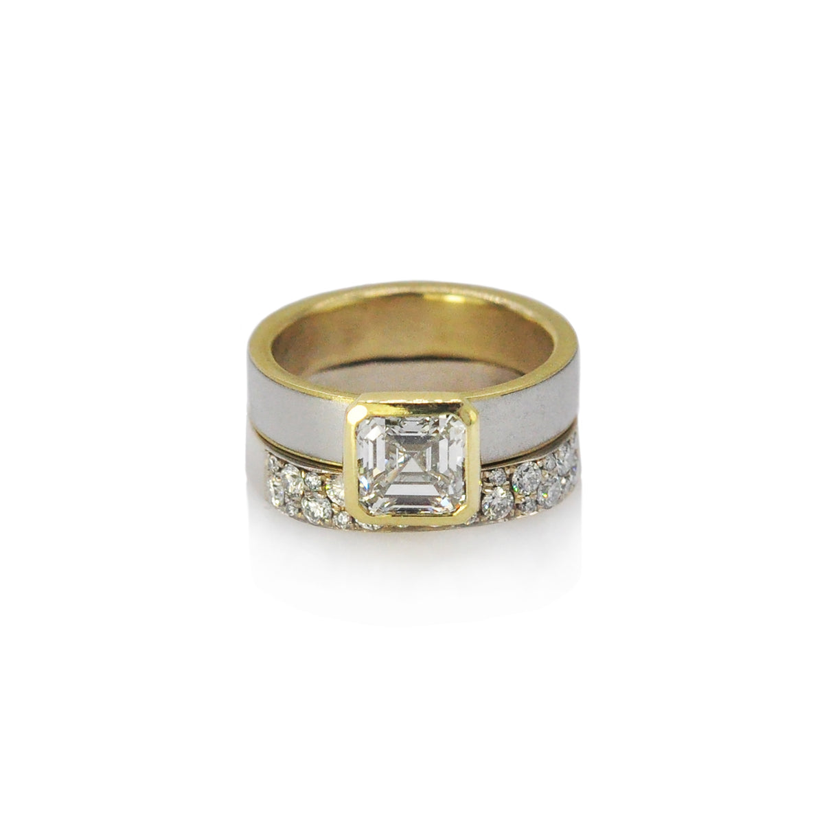 Asscher Cut Diamond on White & Yellow Gold Band with 4mm Square White Gold Diamond Band | Rebecca Myers Collection