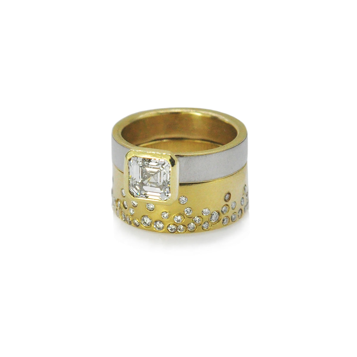 Asscher Cut Diamond on White & Yellow Gold Band with 6mm Yellow Gold Fairy Dust Band | Rebecca Myers Collection