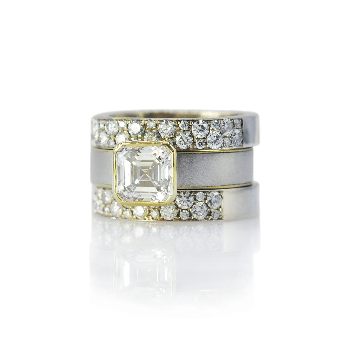Asscher Cut Diamond on White & Yellow Gold Band wit 4mm Square Diamond Bands | Rebecca Myers Collection