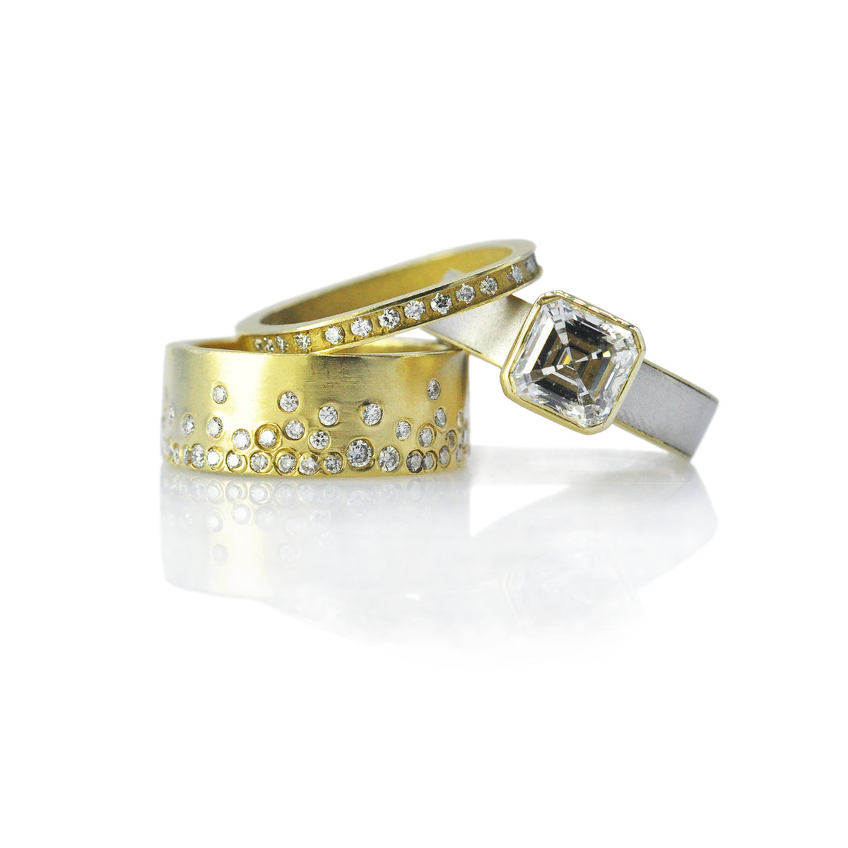 Asscher Cut Diamond on White & Yellow Gold Band with 2mm Square Yellow Gold Diamond Band & 6mm Yellow Gold Fairy Dust Band | Rebecca Myers Collection