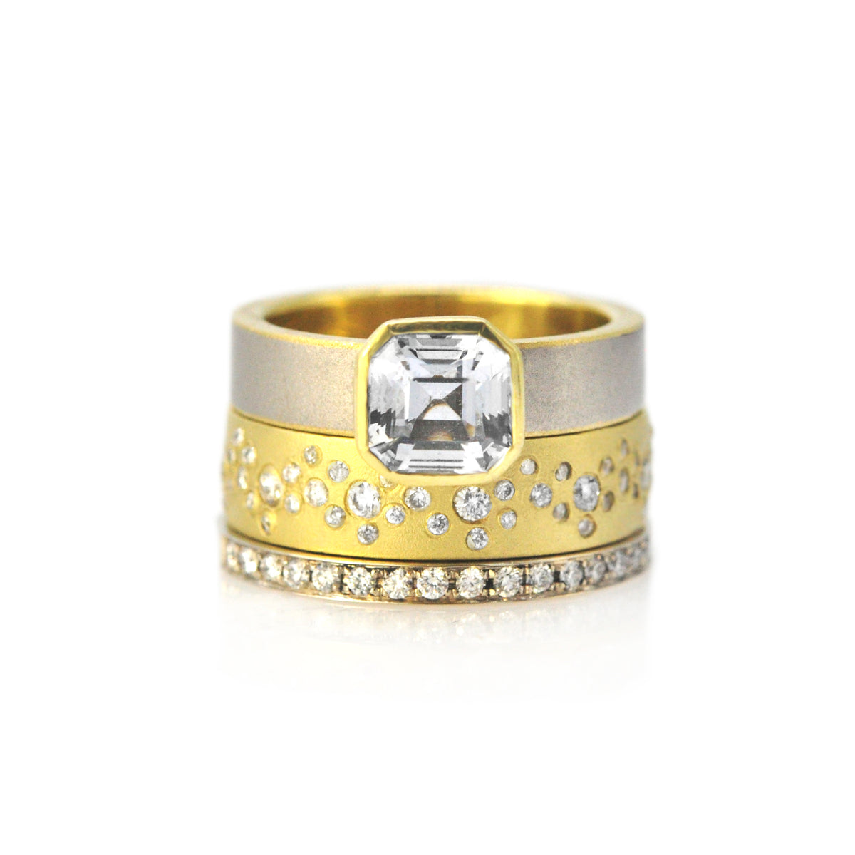 Asscher Cut Silver Sapphire Solitaire, 6mm Yellow Gold Fairy Dust Ring, 2mm Yellow Gold Fairy Dust Ring | Rebecca Myers Collection