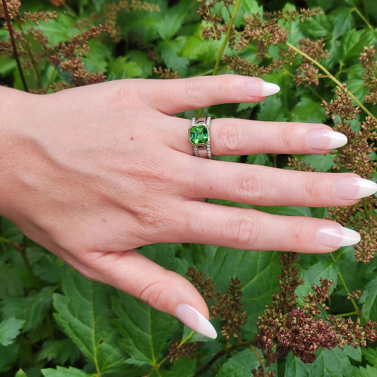Asscher Cut Green Tourmaline Gemstone Ring on white female model | Rebecca Myers Design