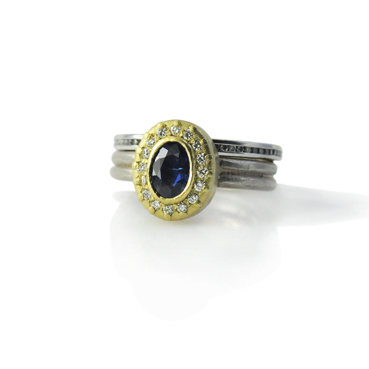 Blue Oval Sapphire Halo Ring & 2mm Fairy Dust Band | Rebecca Myers Collection