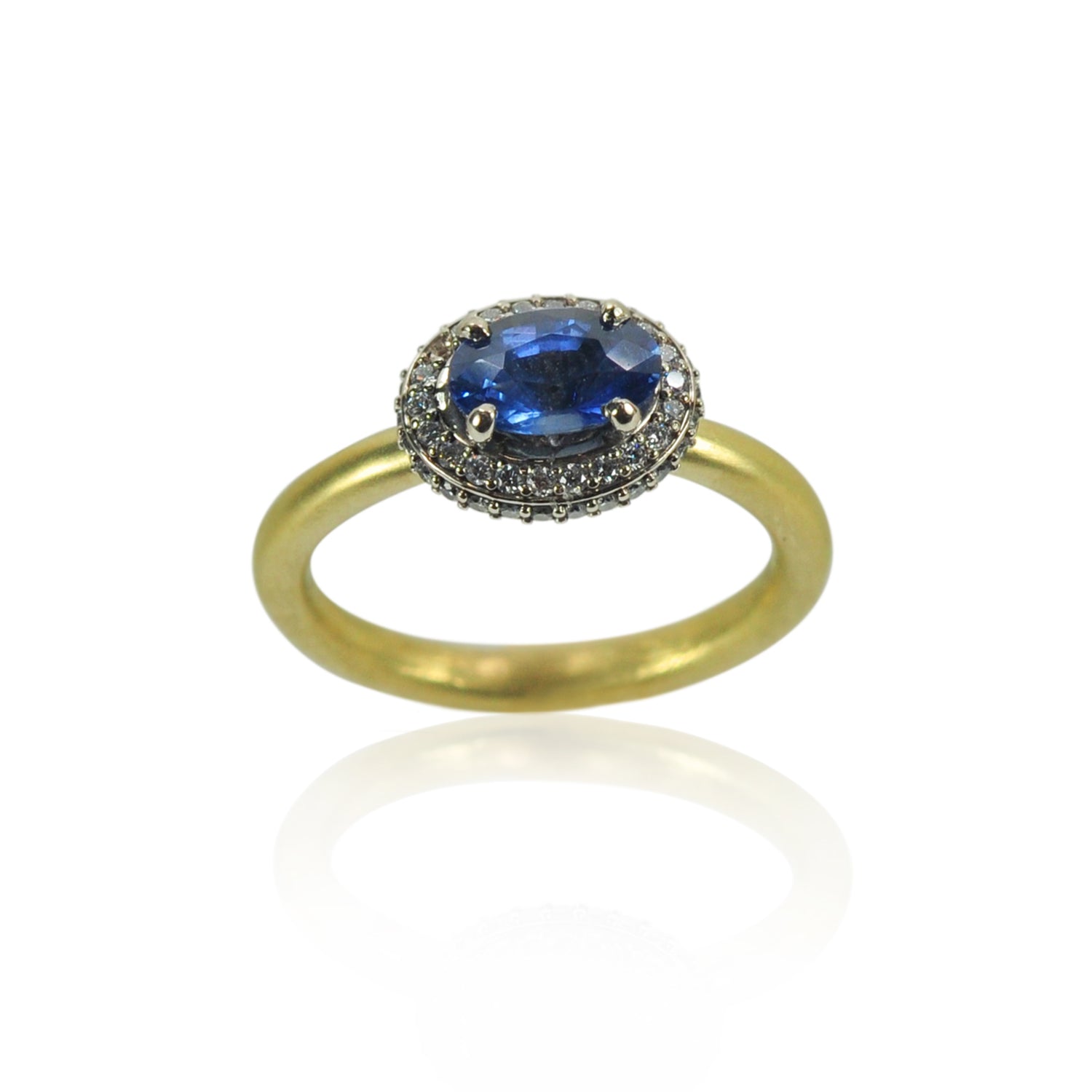 Blue Sapphires in Diamond Halos on Yellow Gold Band | Rebecca Myers Collection