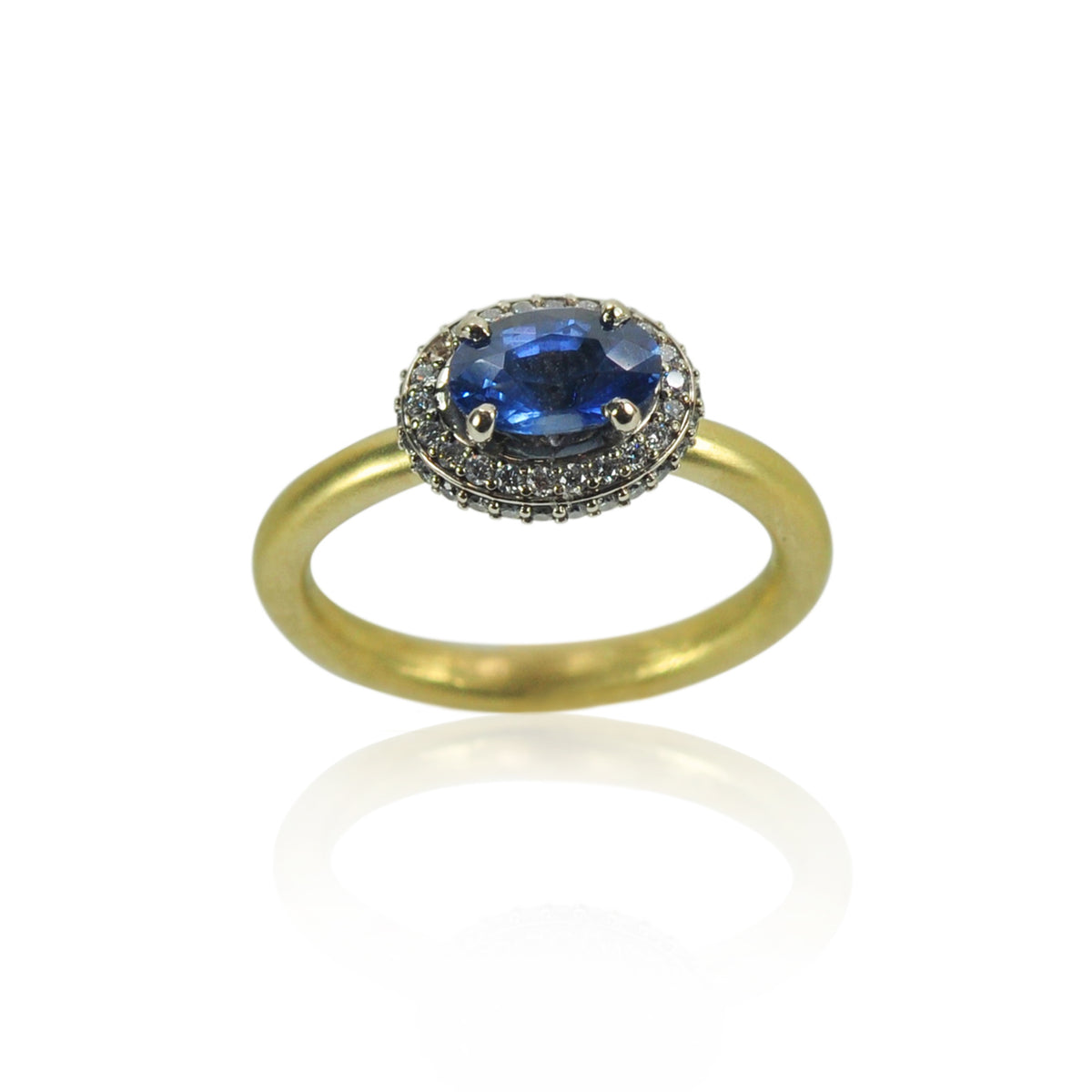 Blue Sapphires in Diamond Halos on Yellow Gold Band | Rebecca Myers Collection