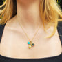 Hexagonal Aquamarine Slice Charm on Gold Chain with Boulder Opal and Marquise Cut Citrine Charms on white female model | Rebecca Myers Collection