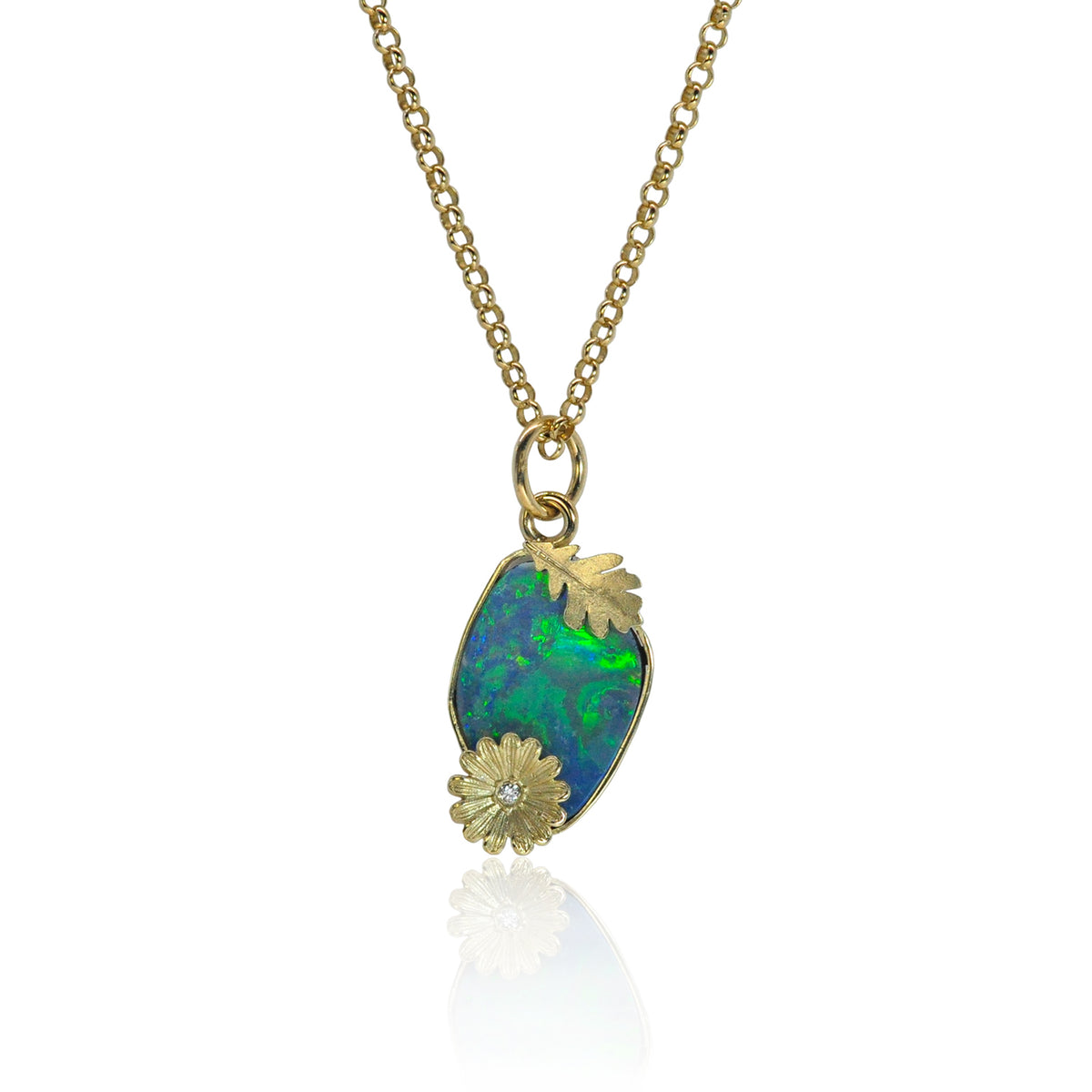 Boulder Opal with Oak Leaf & Shasta Daisy Pendant on chain | Rebecca Myers Collection