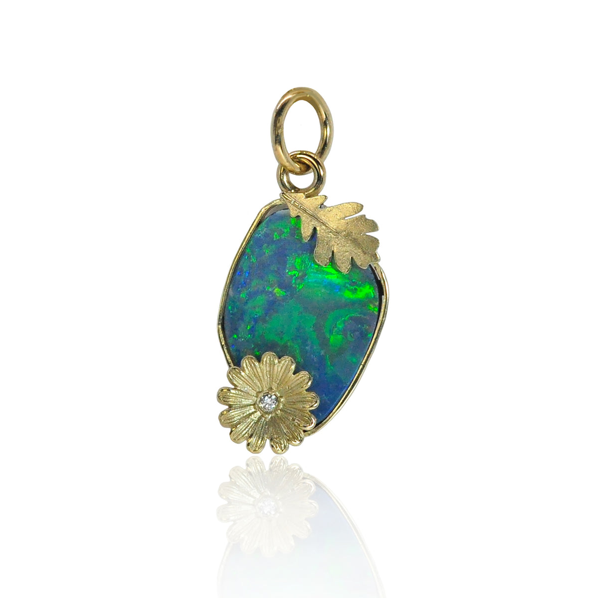 Boulder Opal with Oak Leaf & Shasta Daisy Pendant | Rebecca Myers Collection