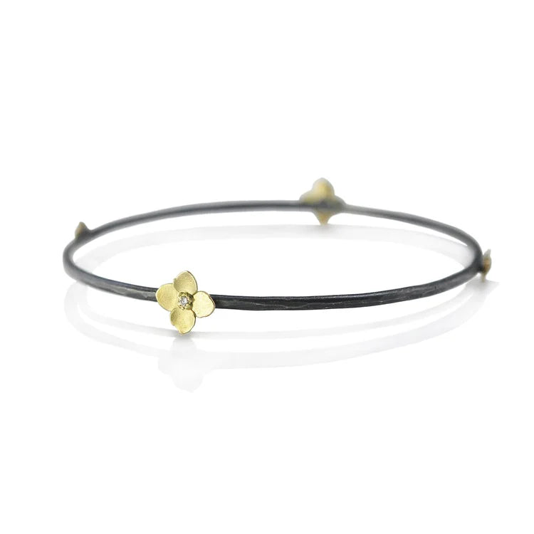 Gold, Silver & Diamond Branch Bangle with 2 large hydrangeas and 2 small hydrangeas | Rebecca Myers Collection