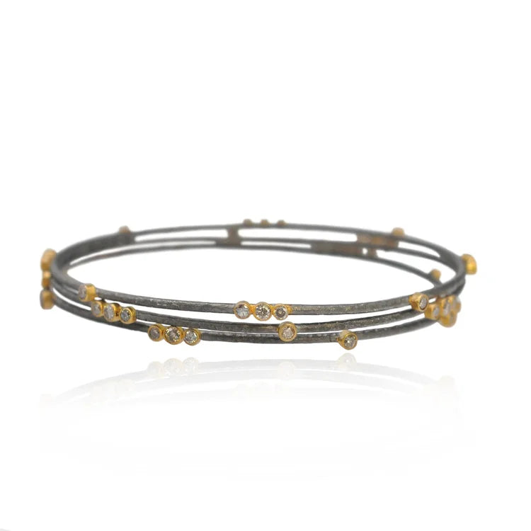 Gold, Silver & Diamond Branch Bangles with triple and single tube set diamonds | Rebecca Myers Collection
