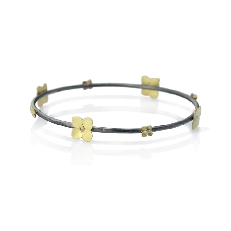 Gold, Silver & Diamond Branch Bangle with 4 large hydrangeas and 4 small hydrangeas | Rebecca Myers Collection