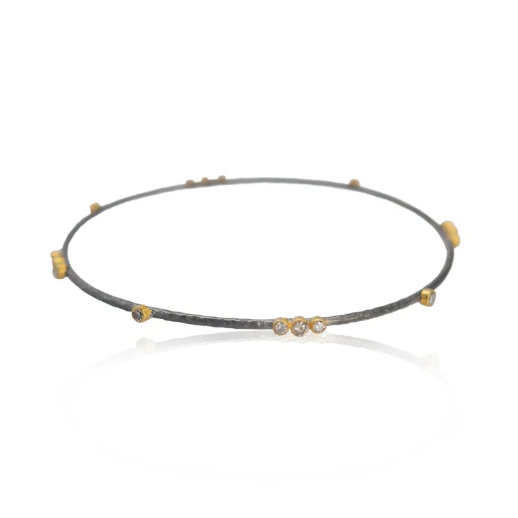 Gold, Silver & Diamond Branch Bangle with 4 sets of 3 tube set diamonds and 4 single tube set diamonds | Rebecca Myers Collection