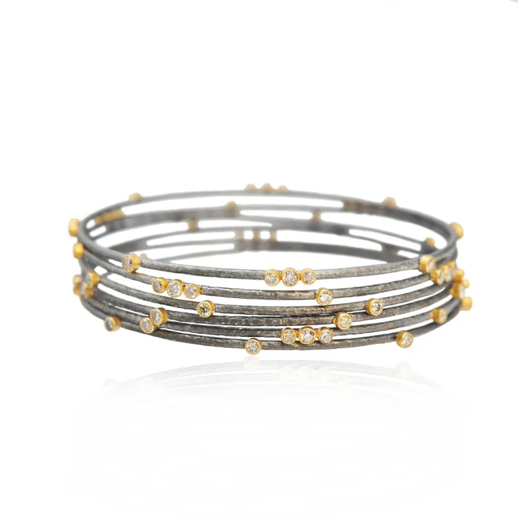 Gold, Silver & Diamond Branch Bangles with tube set diamonds | Rebecca Myers Collection