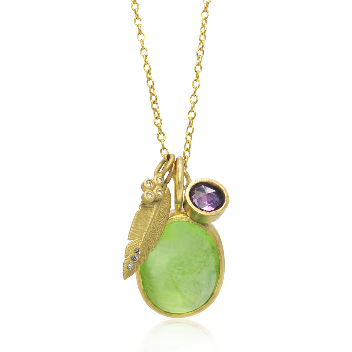 Round Pink Sapphire Slice, Small Slender Feather, Gold & Diamond Quatrefoil, large peridot oval cabochon charms on gold chain | Rebecca Myers Collection