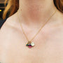 Round Pink Tourmaline Charm on Gold Chain + Gold & Diamond Shasta Daisy and Teardrop Boulder Opal Charms on white female model | Rebecca Myers Collection