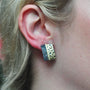 Rectangular Cheetah Print Earrings with Diamonds on white female model | Rebecca Myers Collection