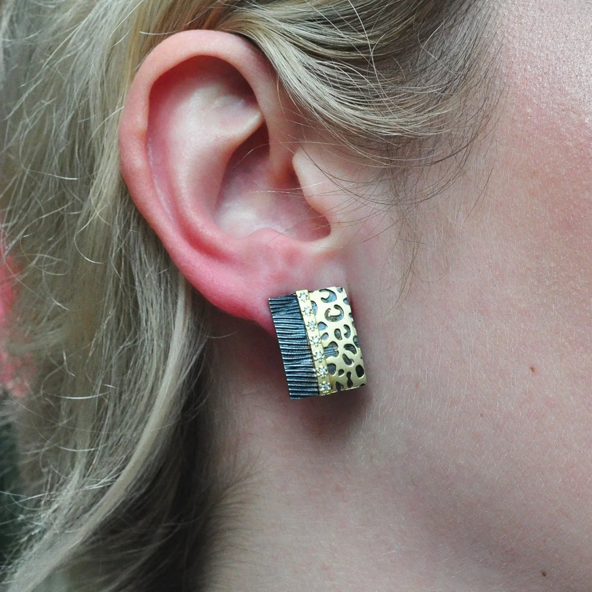 Rectangular Cheetah Print Earrings with Diamonds on white female model | Rebecca Myers Collection
