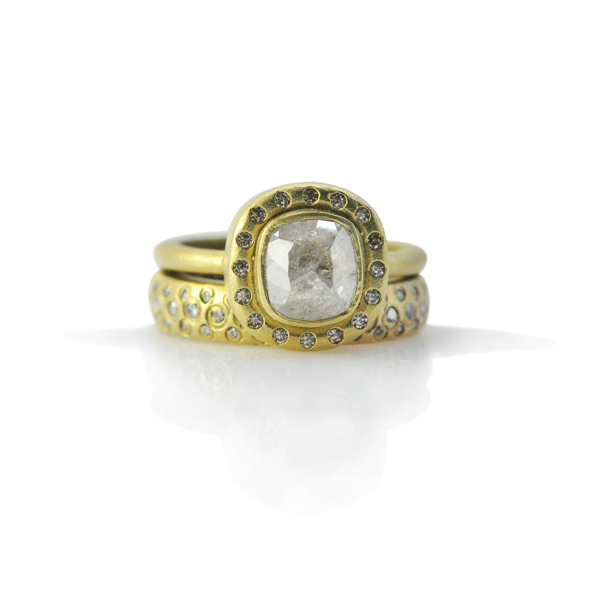 Light Gray Cushion Cut Natural Diamond Halo Ring with Matte Diamond Stacking Ring | Rebecca Myers Collection