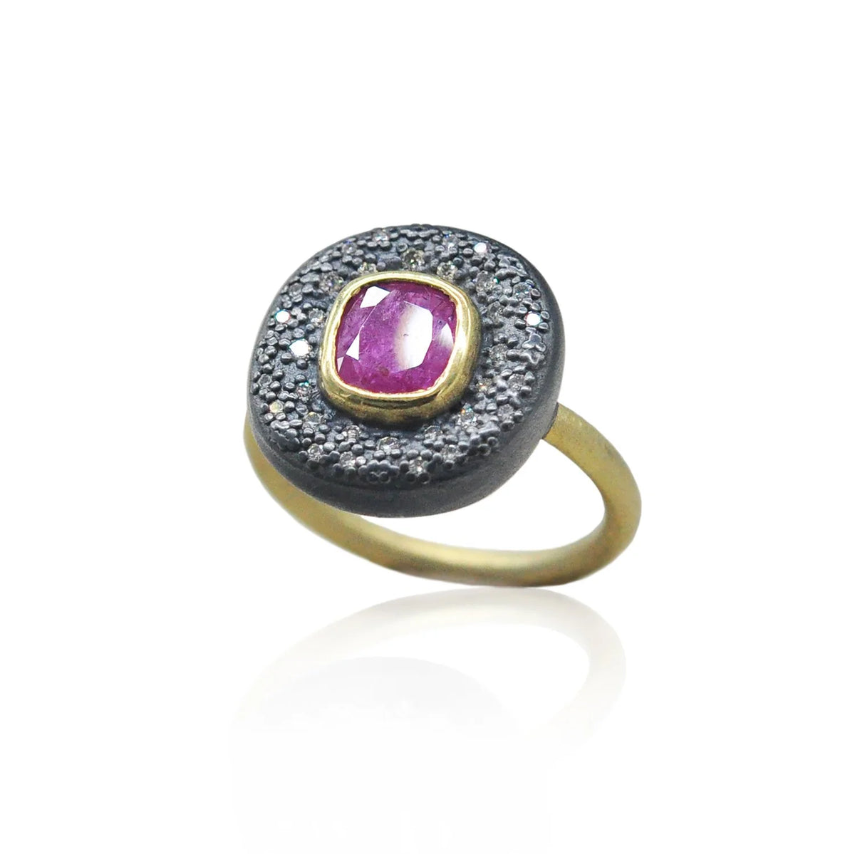 Cushion Cut Ruby Wide Halo Ring | Rebecca Myers Collection