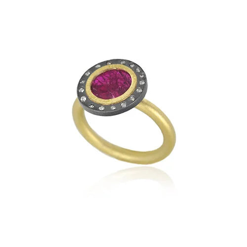 Ruby Slice Halo Ring on thin gold band | Rebecca Myers Collection