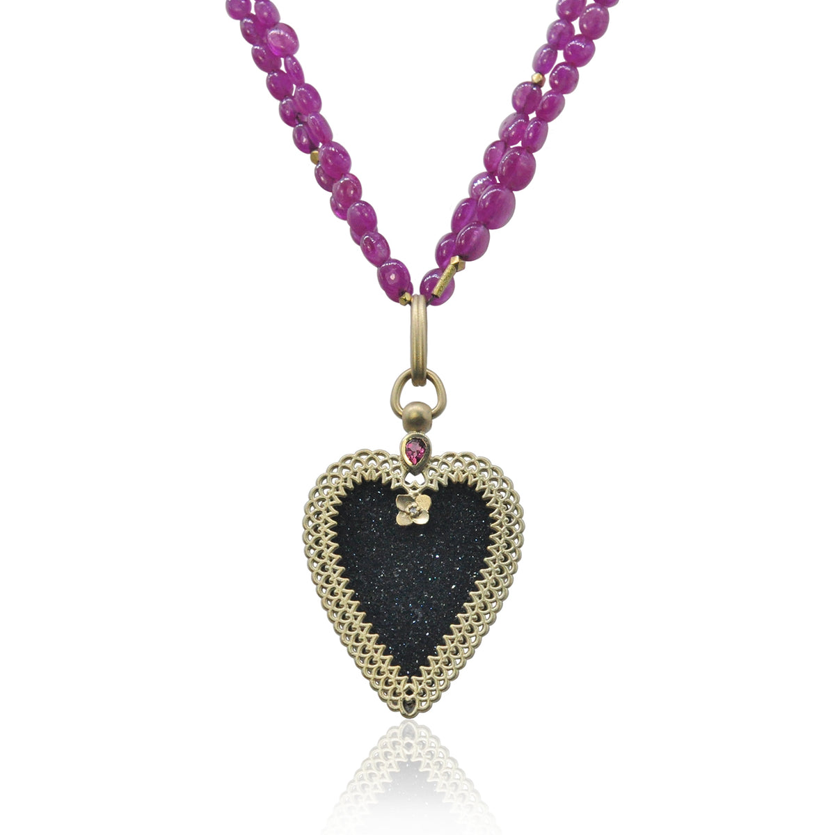 Oval Shaped Pink Sapphire Beaded Necklaces with Gold Framed Druzy Heart Pendant | Rebecca Myers Collection