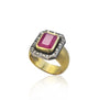 Emerald Cut Ruby Halo Ring on wide gold band | Rebecca Myers Collection