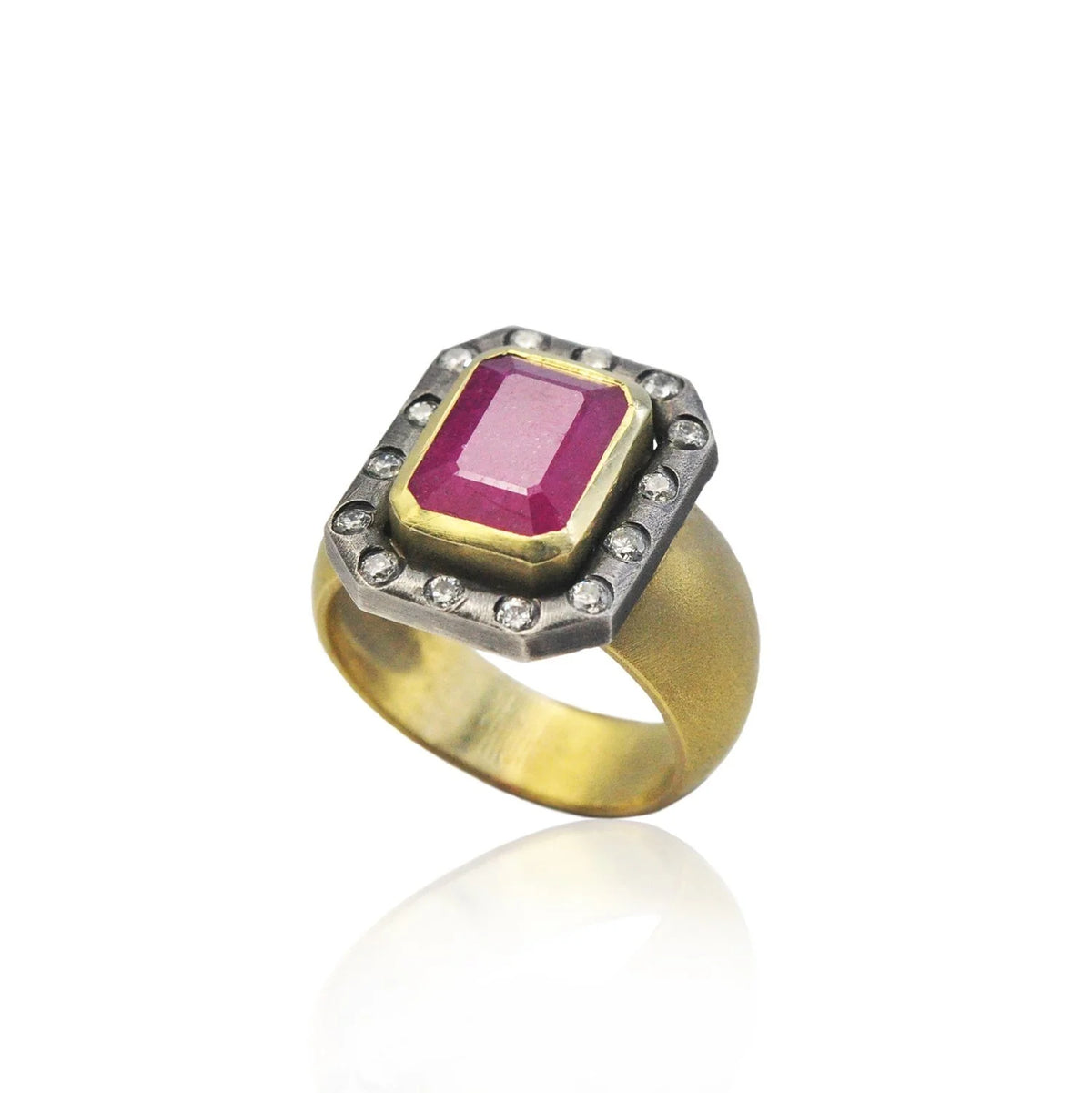 Emerald Cut Ruby Halo Ring on wide gold band | Rebecca Myers Collection