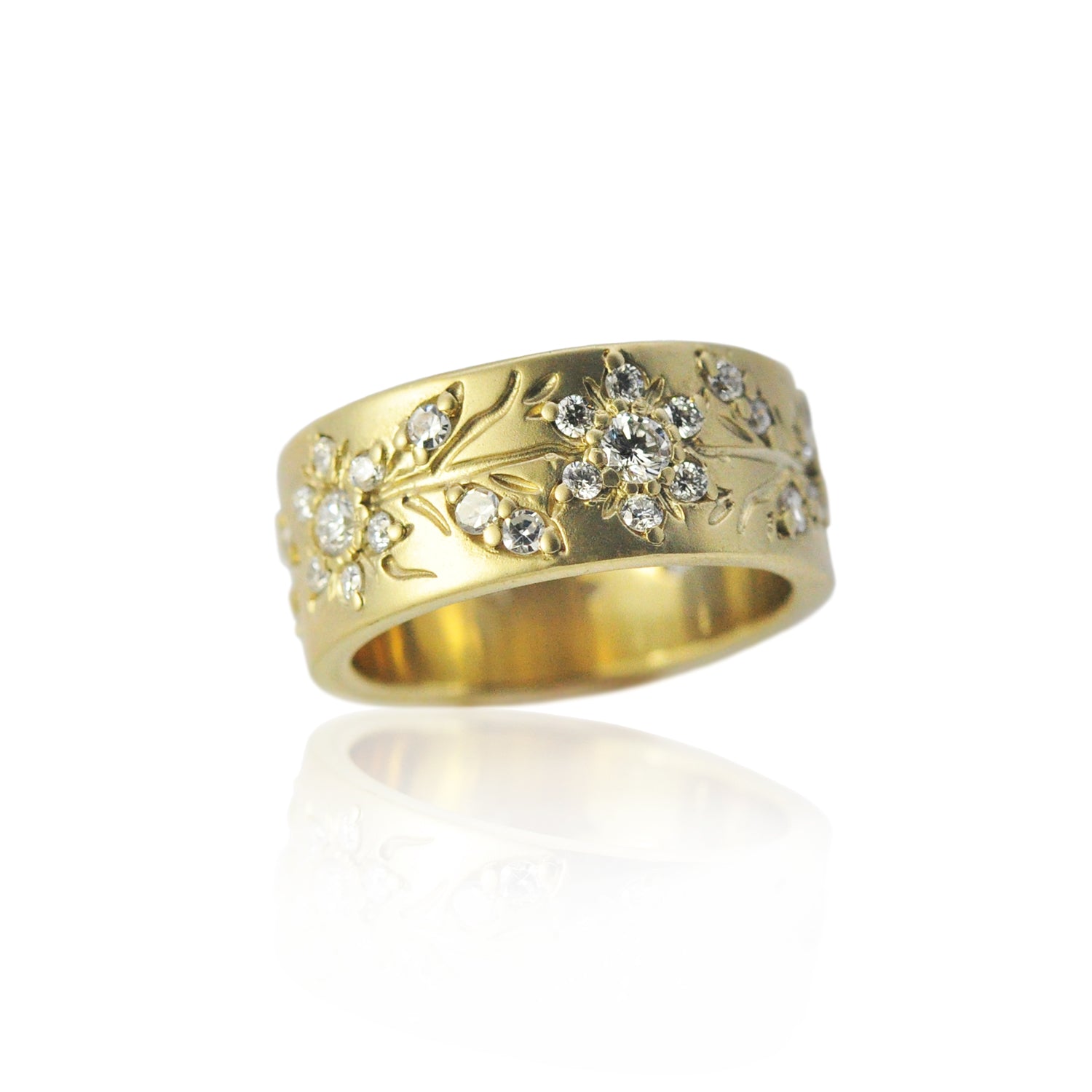 Wide Yellow Gold Band with Flowers, Vines, & Diamonds | Rebecca Myers Collection