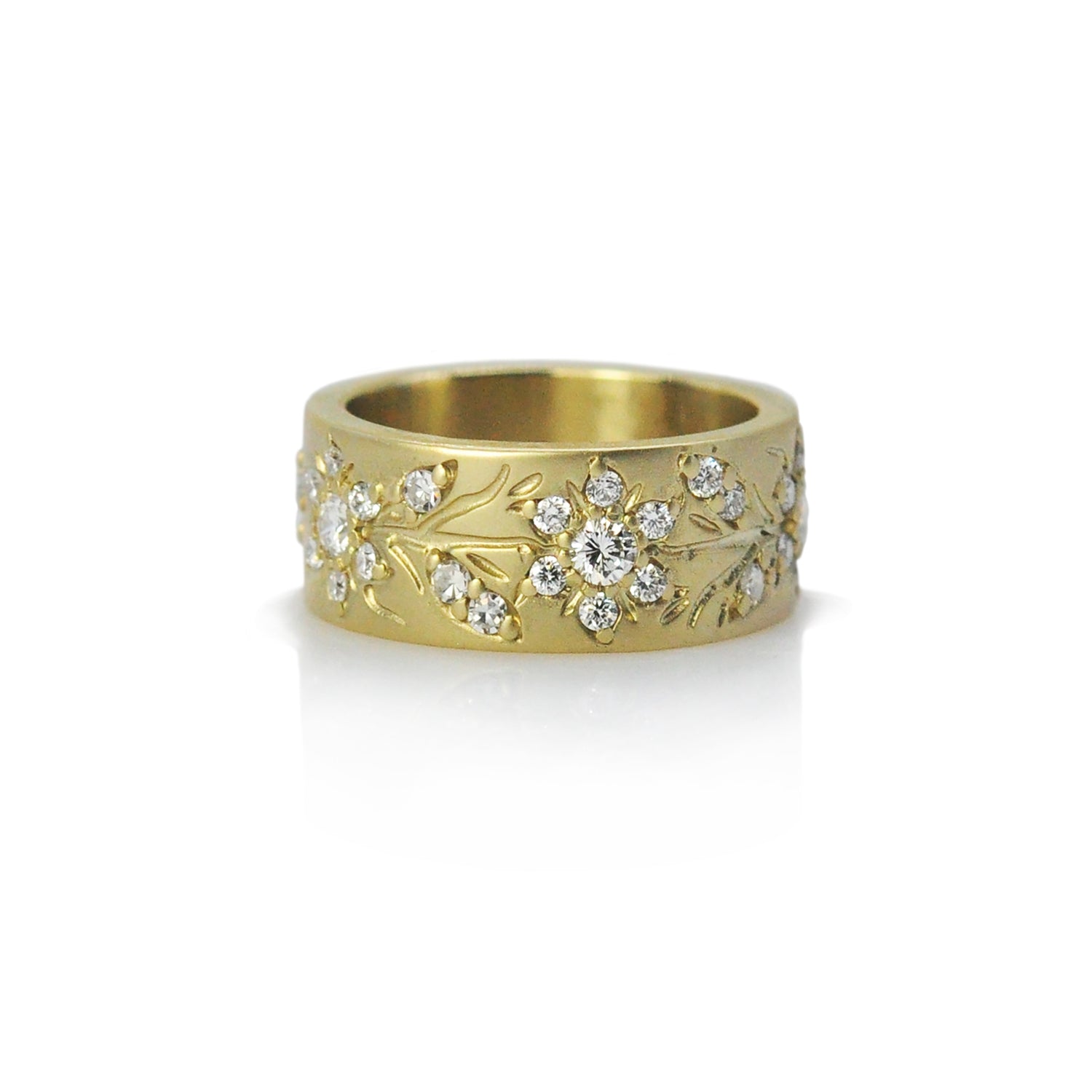 Wide Yellow Gold Band with Flowers, Vines, & Diamonds | Rebecca Myers Collection