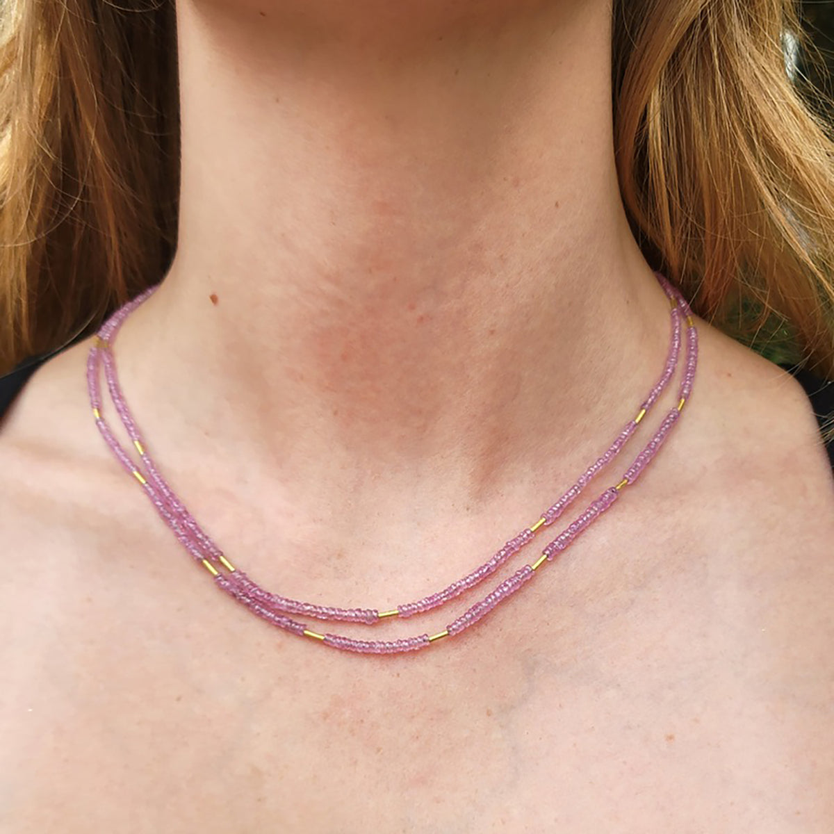 Pink Sapphire Beaded Necklaces on white female | Rebecca Myers Collection