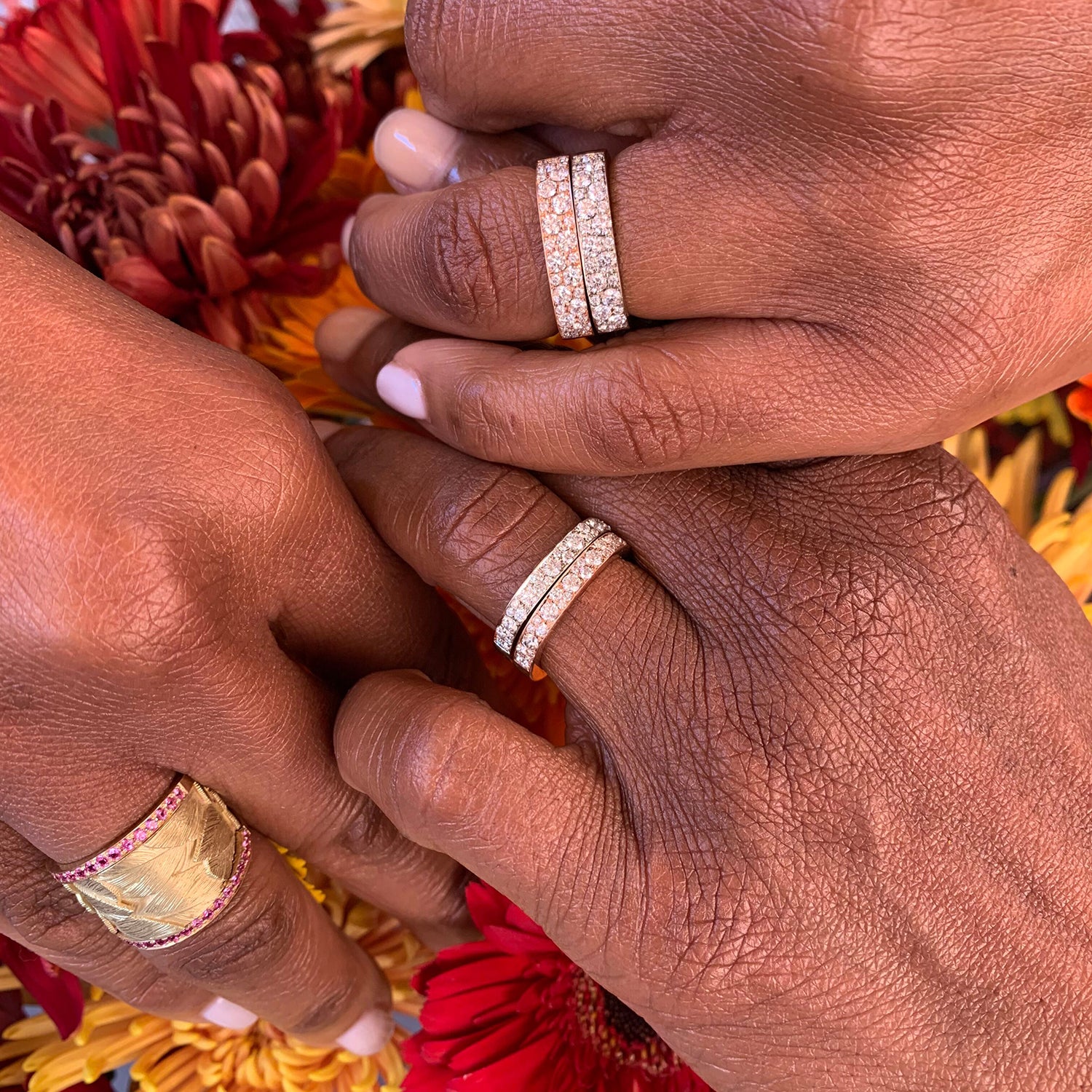 Square Stacking Fairy Dust Rings on black female models | Rebecca Myers Collection