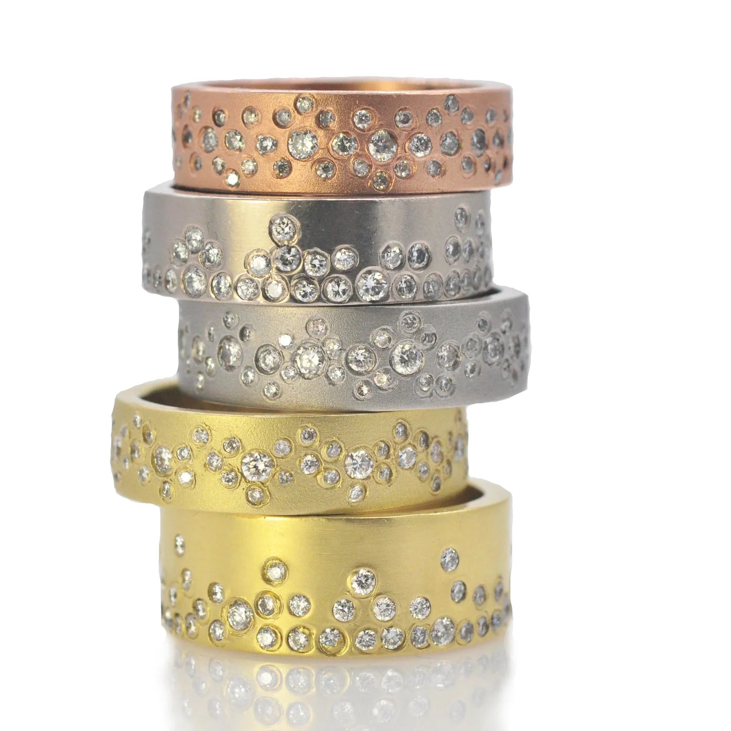 Round Fairy Dust Diamond and Gold Rings | Rebecca Myers Collection