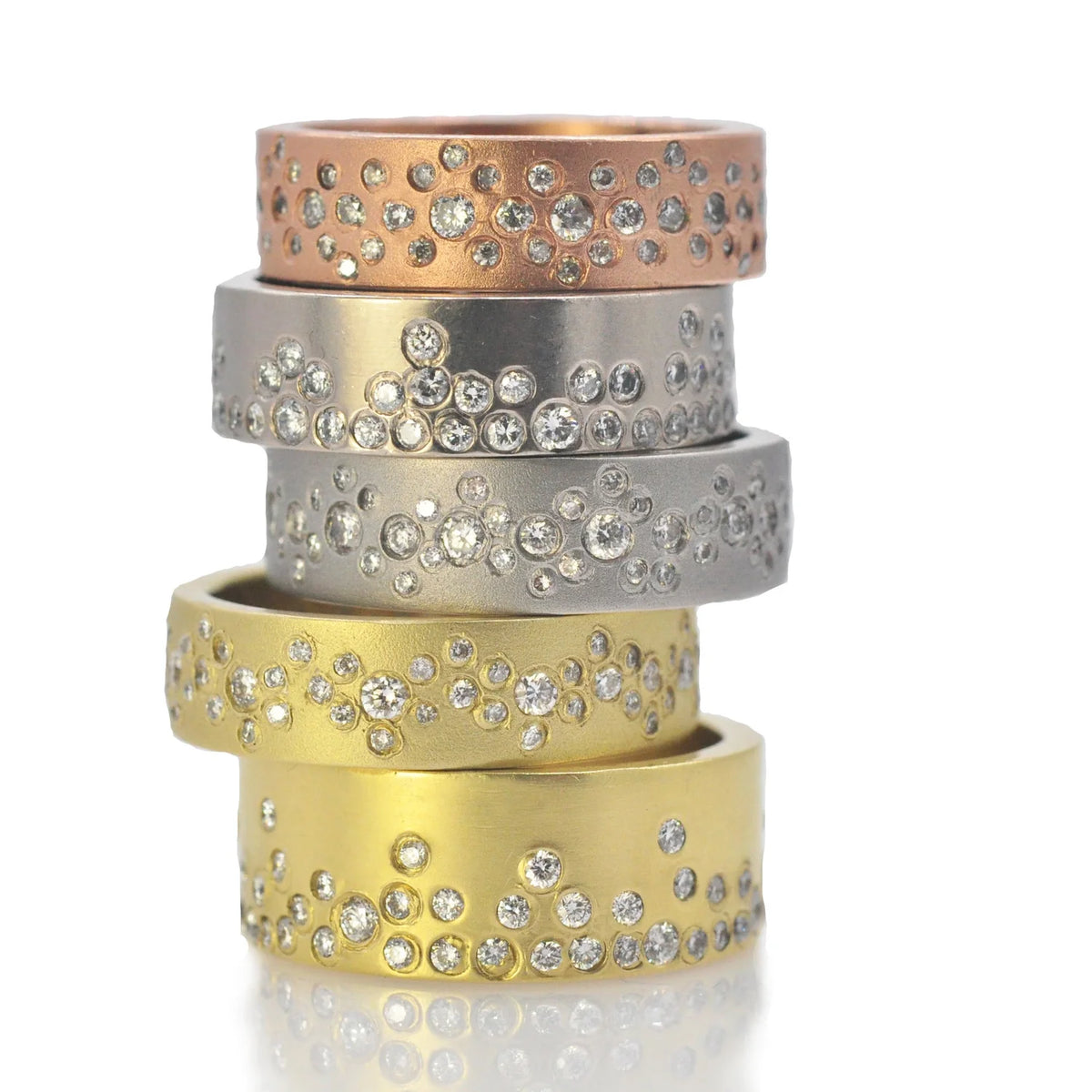 Round Fairy Dust Diamond and Gold Rings | Rebecca Myers Collection