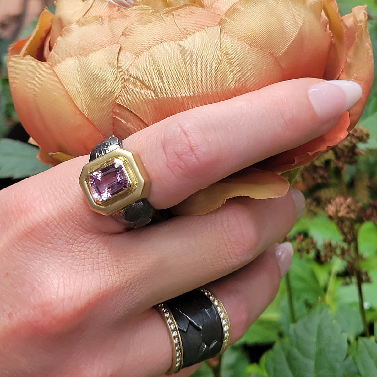Kunzite Feather Ring on white female | Rebecca Myers Collection