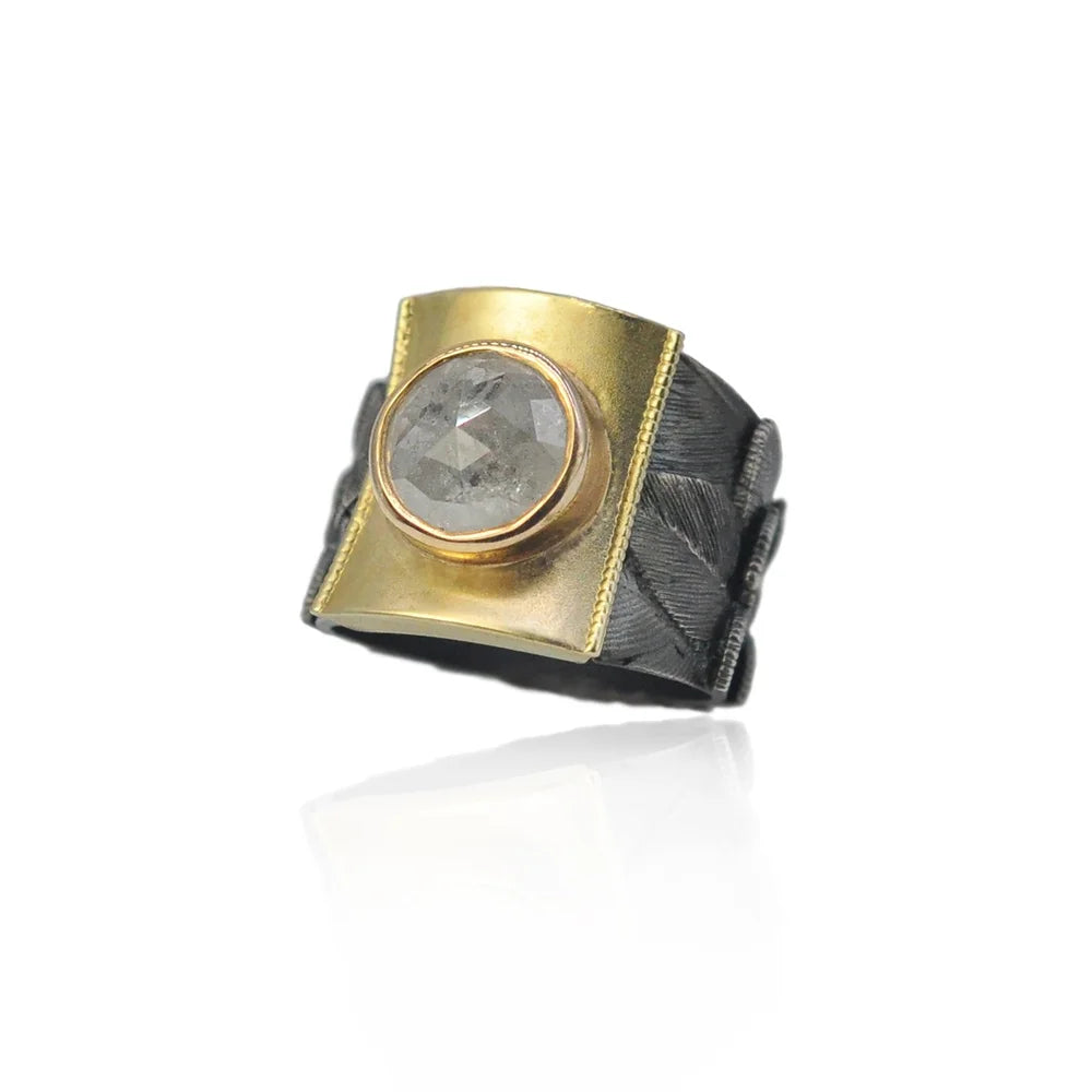 Feather Band in Oxidized Silver and 14k Yellow Gold with Natural Diamond | Rebecca Myers Collection