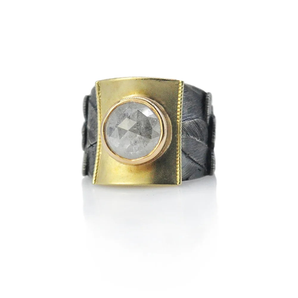 Feather Band in Oxidized Silver and 14k Yellow Gold with Natural Diamond | Rebecca Myers Collection