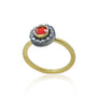 Gemmie Round Mexican Fire Opal Oxidized Silver Halo Rings on Gold Band | Rebecca Myer Design