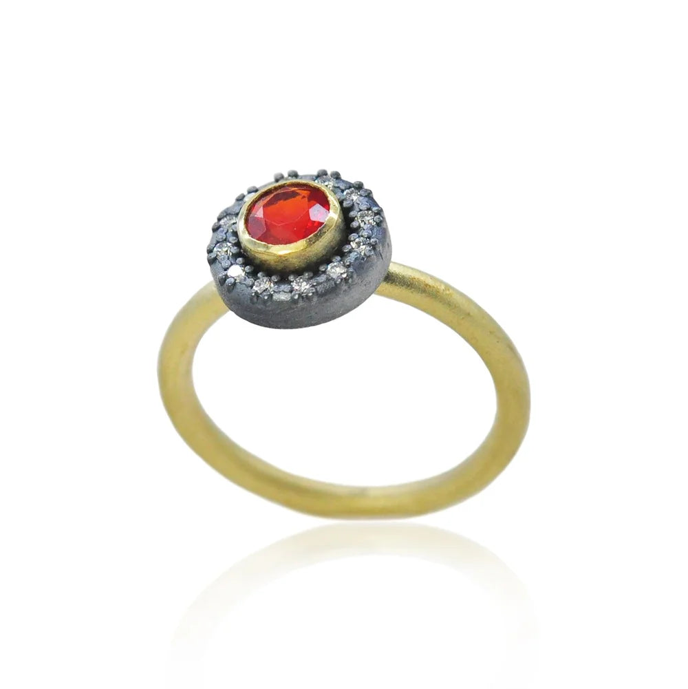 Gemmie Round Mexican Fire Opal Oxidized Silver Halo Rings on Gold Band | Rebecca Myer Design