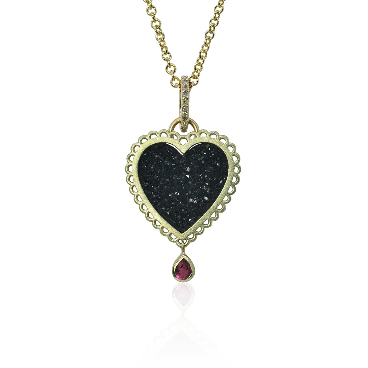 Framed Black Druzy Heart Pendant with Ruby Teardrop Drop | Rebecca Myers Collection