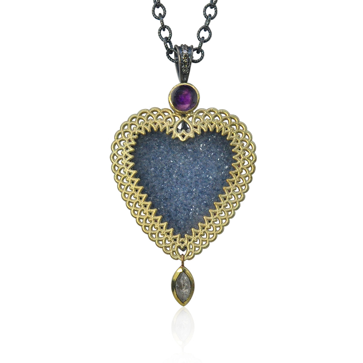 Framed Grey Druzy Heart Pendant with Natural Marquise Cut Diamond Drop | Rebecca Myers Collection