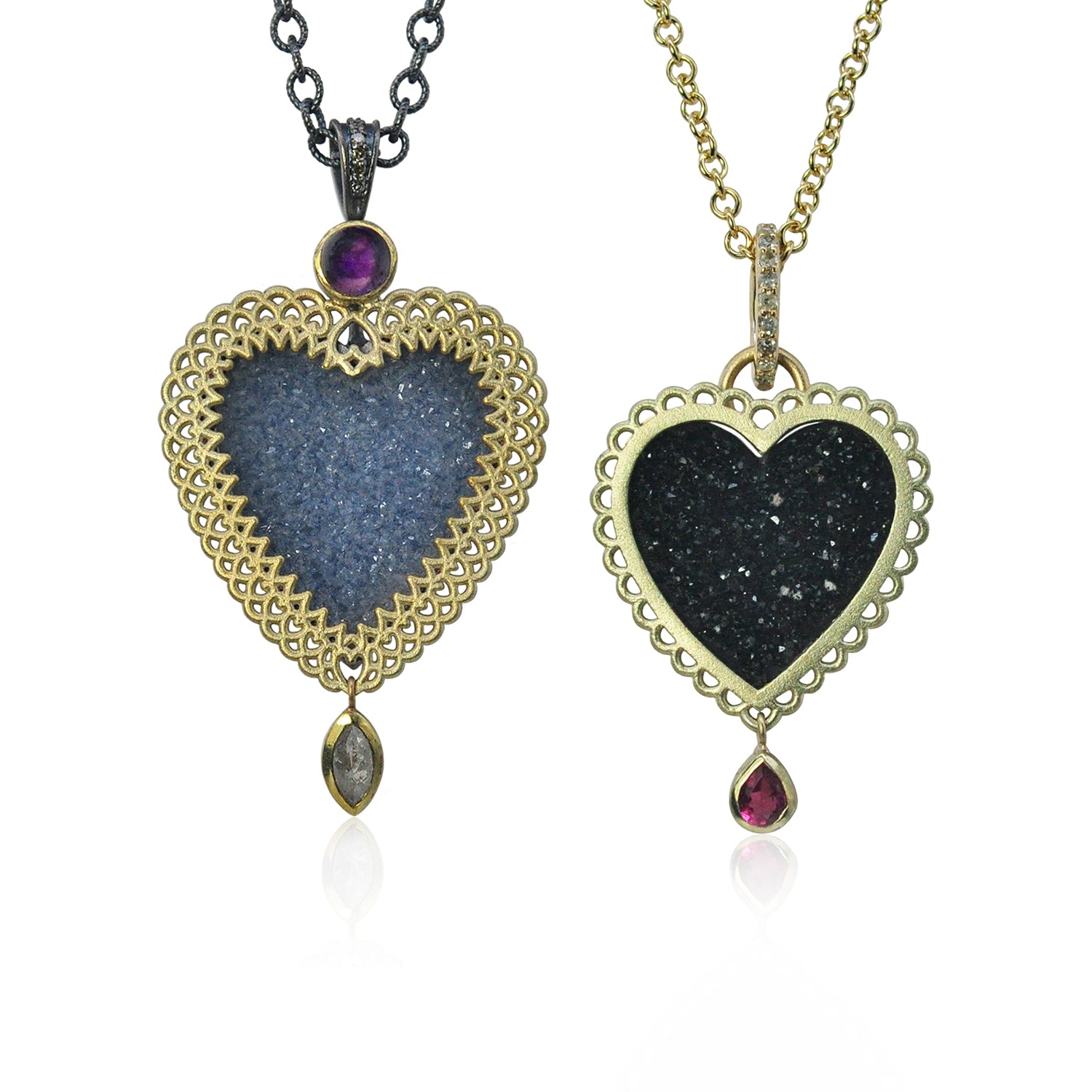 Framed Grey and Black Druzy Hearts with Marquise Diamond and Teardrop Ruby Drops | Rebecca Myers Collection