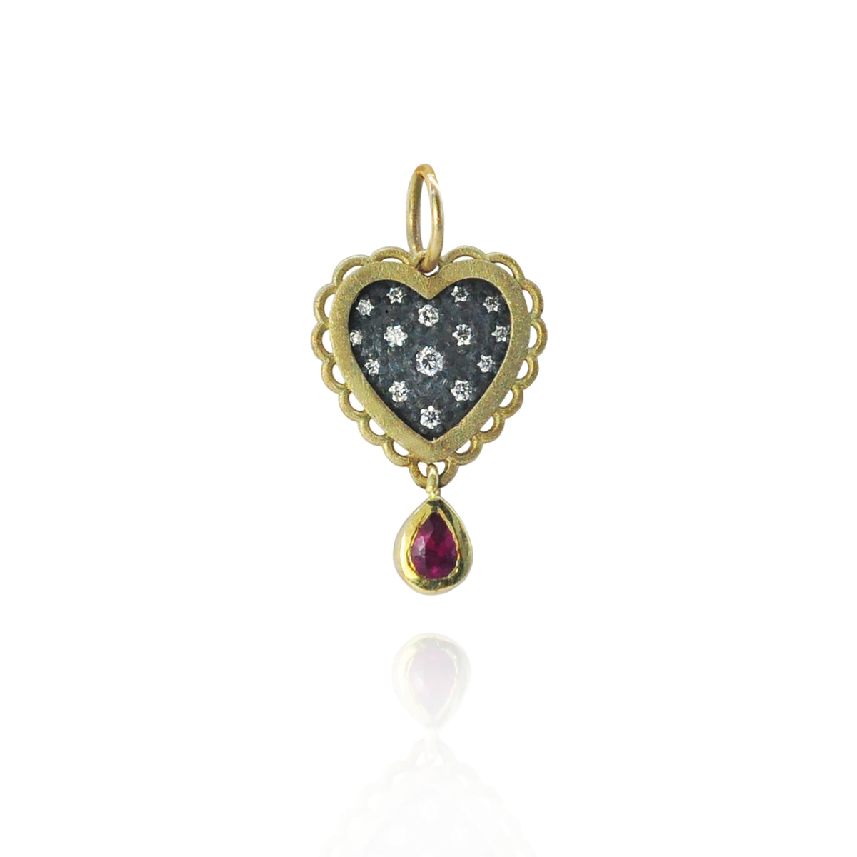 Small Gold Framed Pave Diamond Heart Charm with Ruby Drop | Rebecca Myers Collection