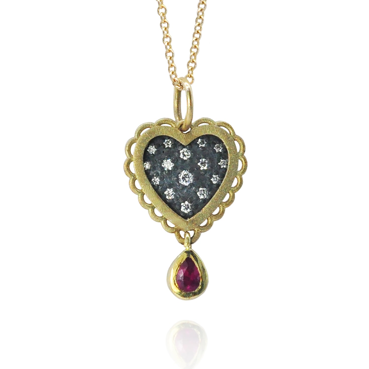 Small Gold Framed Pave Diamond Heart Charm with Ruby Drop on Gold Cable Chain | Rebecca Myers Collection